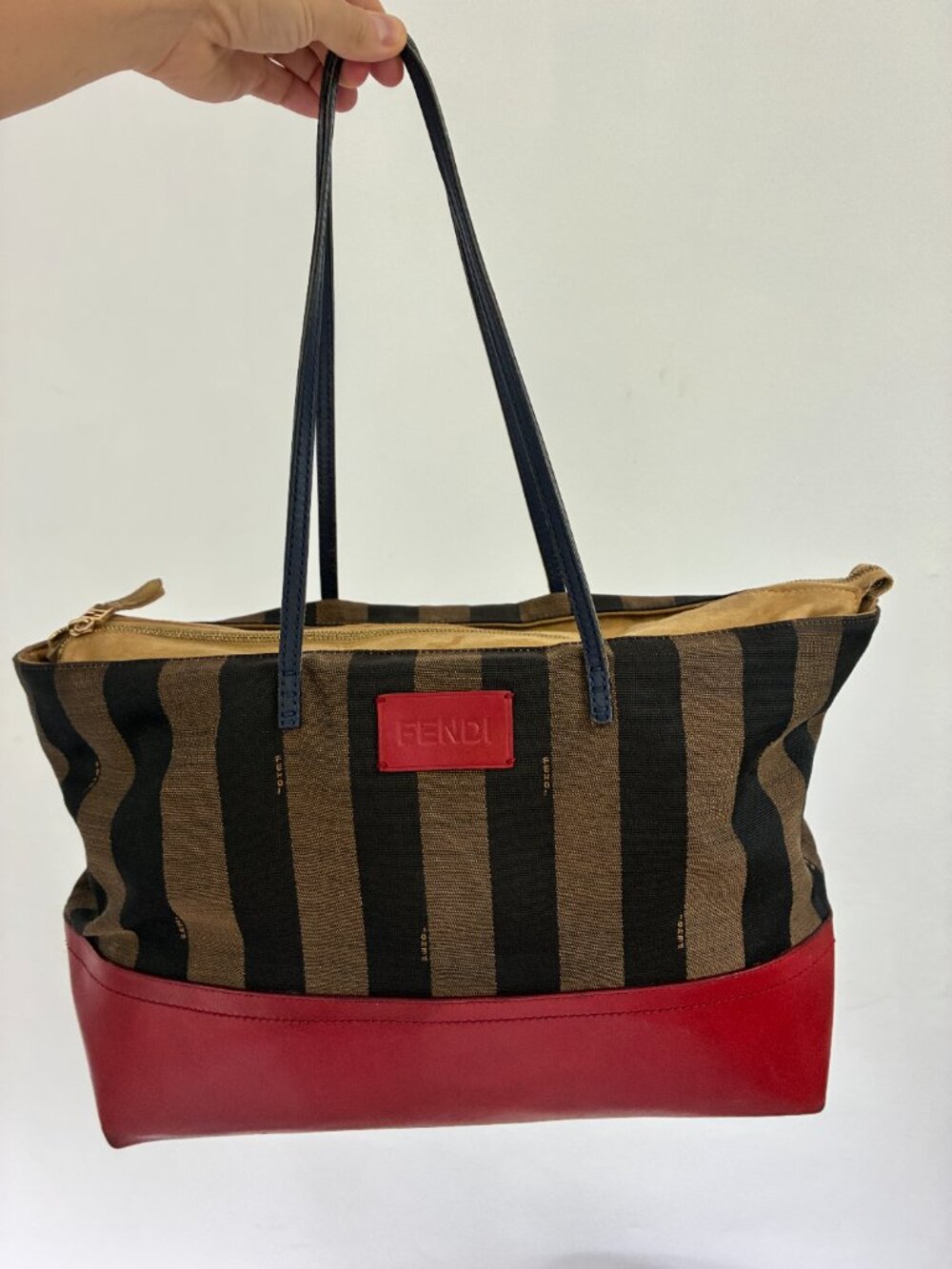Fendi Pequin stripe and red leather tote